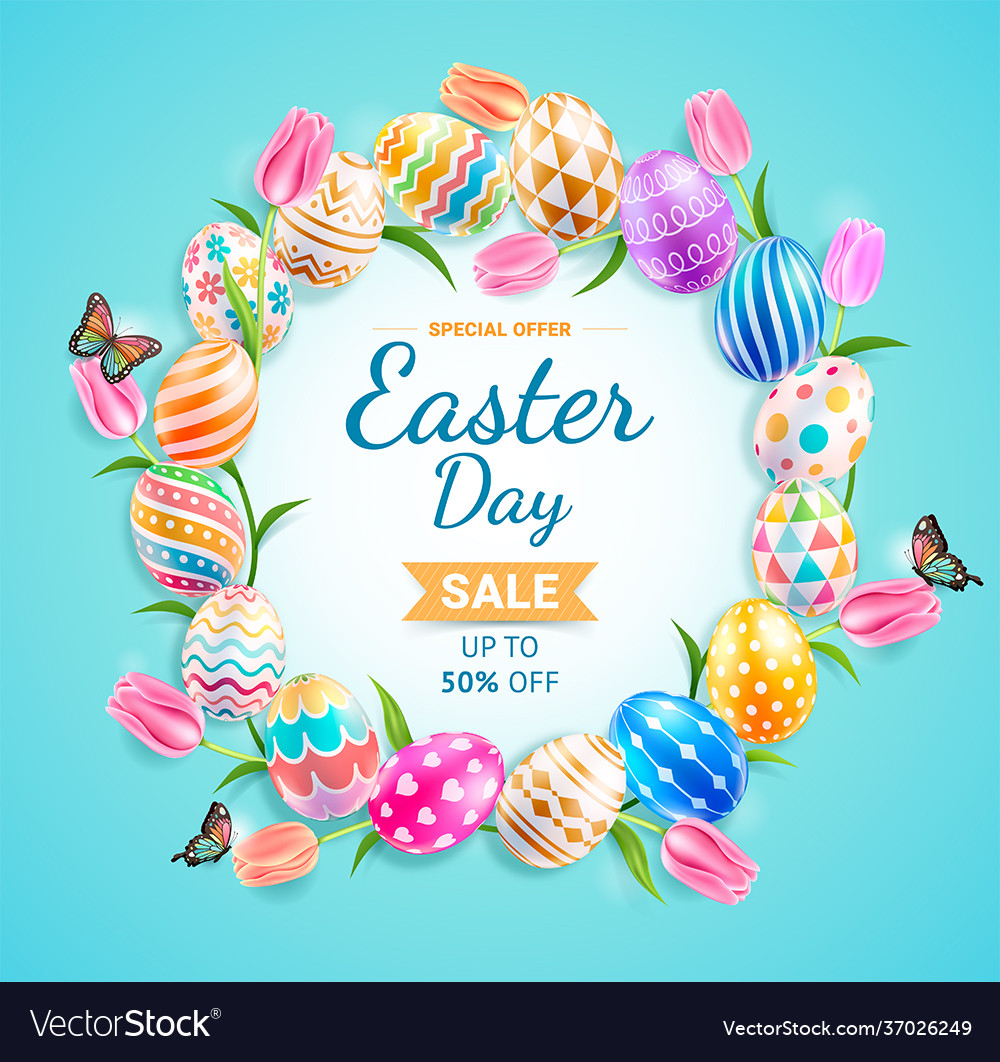 Happy easter day easter eggs with tulips vector image Happy easter day easter eggs with tulips