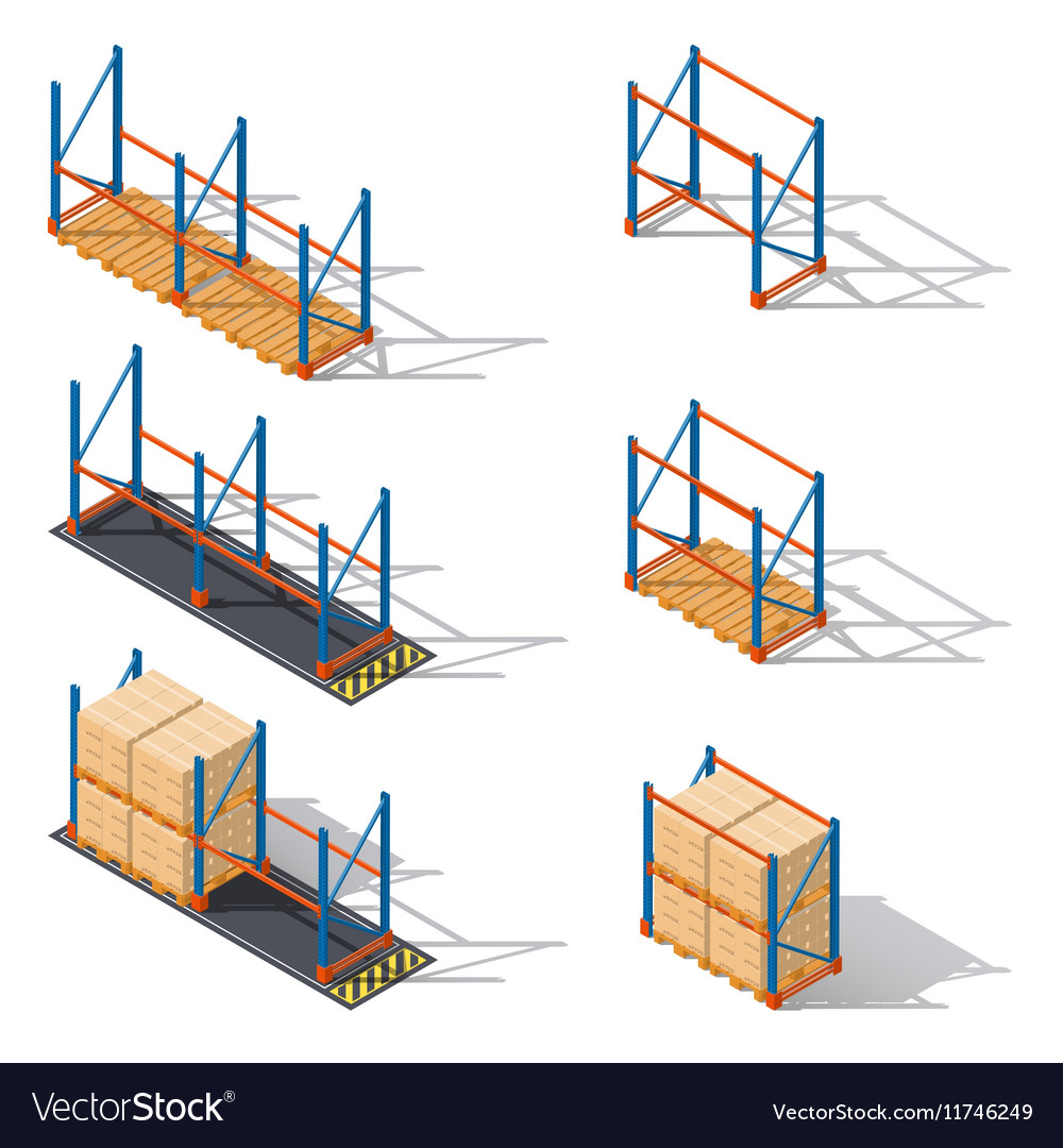Storage racks for pallets presented in various Vector Image