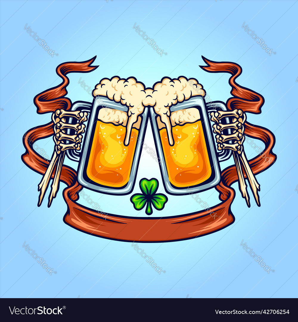 Bones joint beer cheers with clover leaf ribbon Vector Image Bones joint beer cheers with clover leaf ribbon