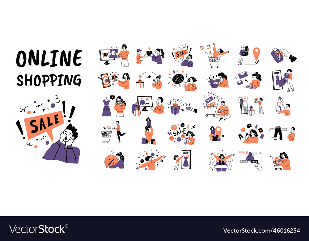 Cartoon color online shopping concept set