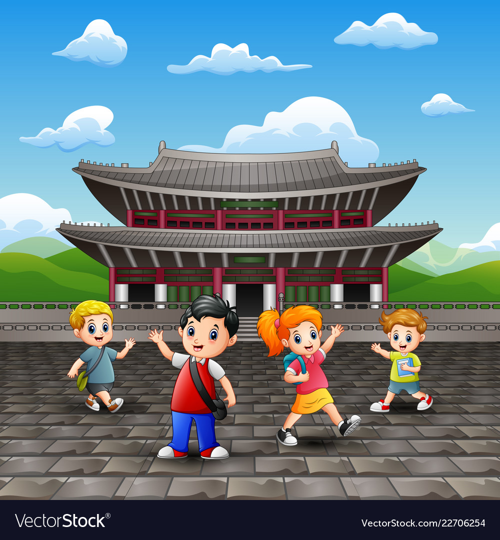 Cartoon of happy kids study tour in changdeokgung Vector Image Cartoon of happy kids study tour in changdeokgung Vector Image
