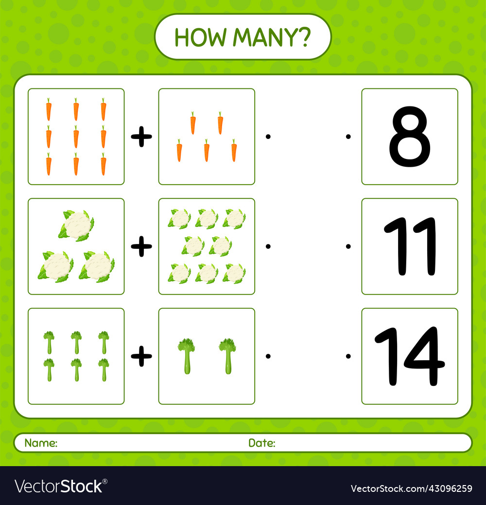 How many counting game with vegetables worksheet vector image How many counting game with vegetables worksheet