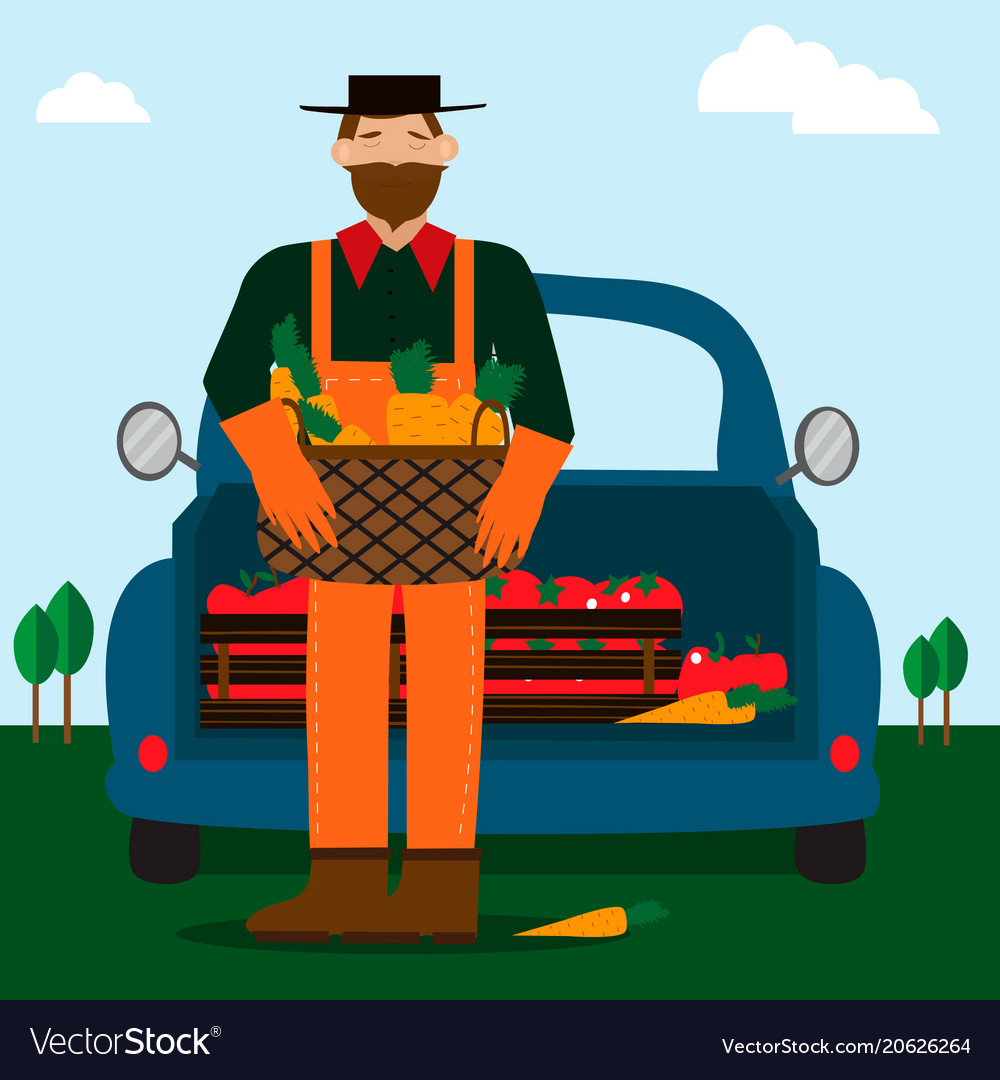 Bearded man and eco food delivery cartoon car vector image Bearded man and eco food delivery cartoon car