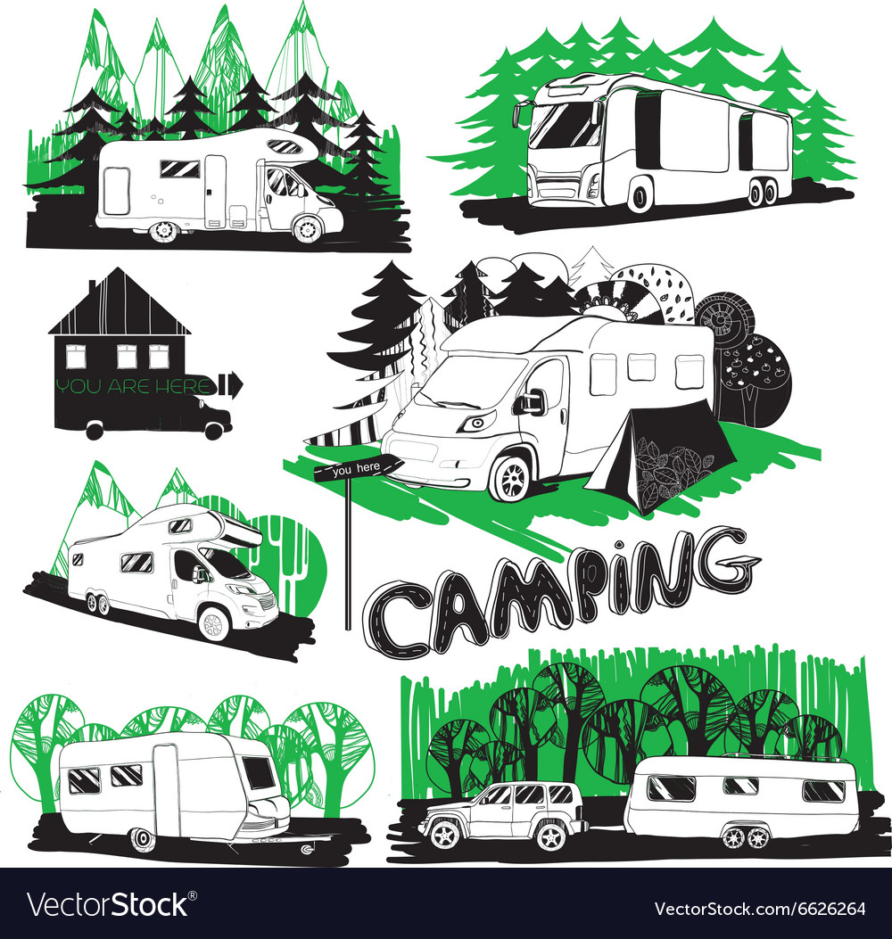 Set of different motorhomes and points camping