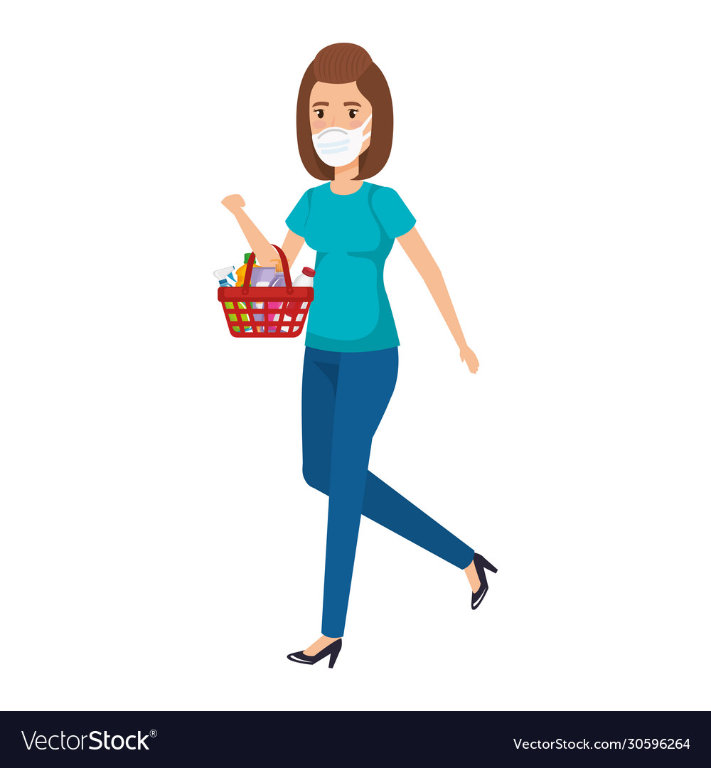 Young woman with basket shopping and face mask