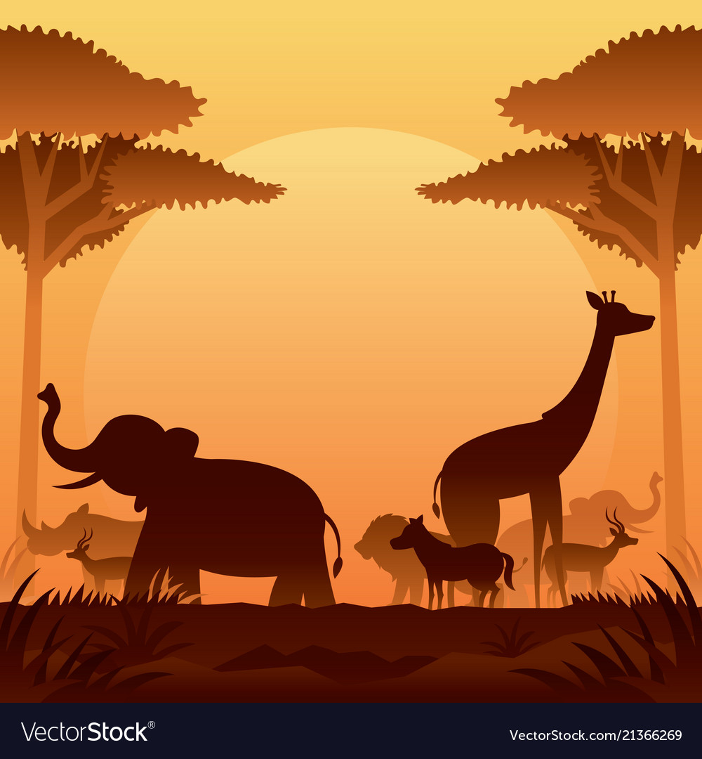 African Safari Animals Silhouette Background Vector Image
