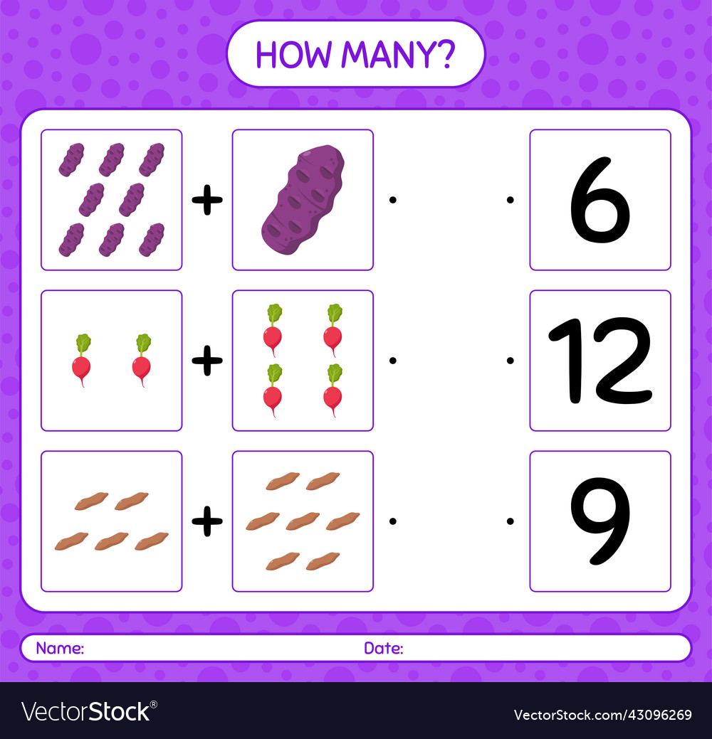 How many counting game with vegetables worksheet vector image How many counting game with vegetables worksheet