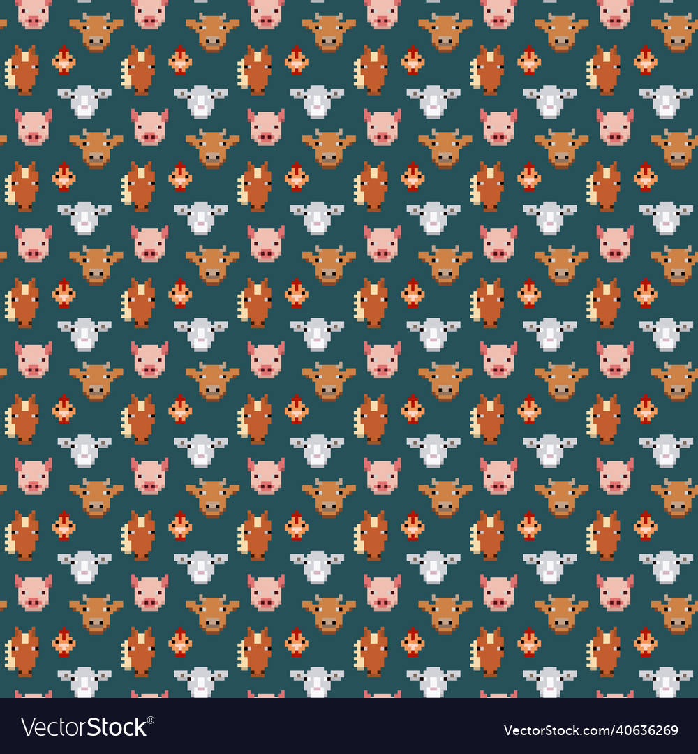 Seamless pattern pixel art farm animals