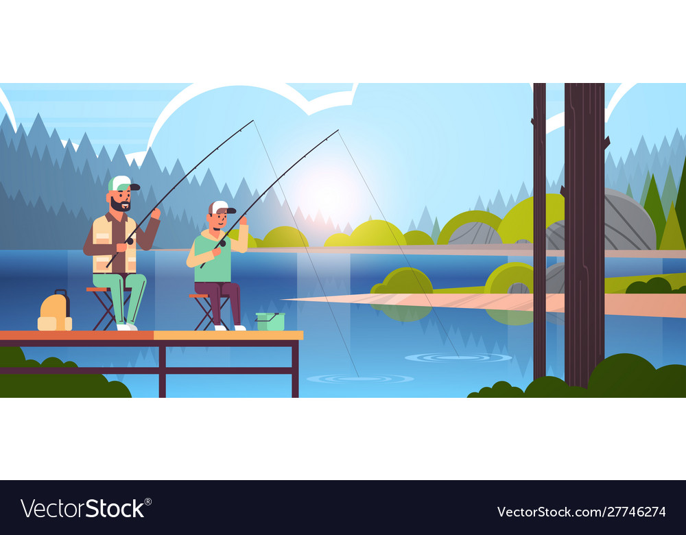 Father and son fishing together from pier man Vector Image