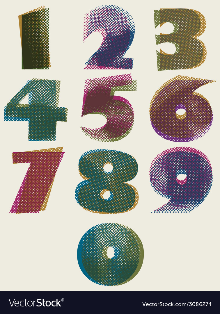 Halftone dots bold numbers dirty color pixels