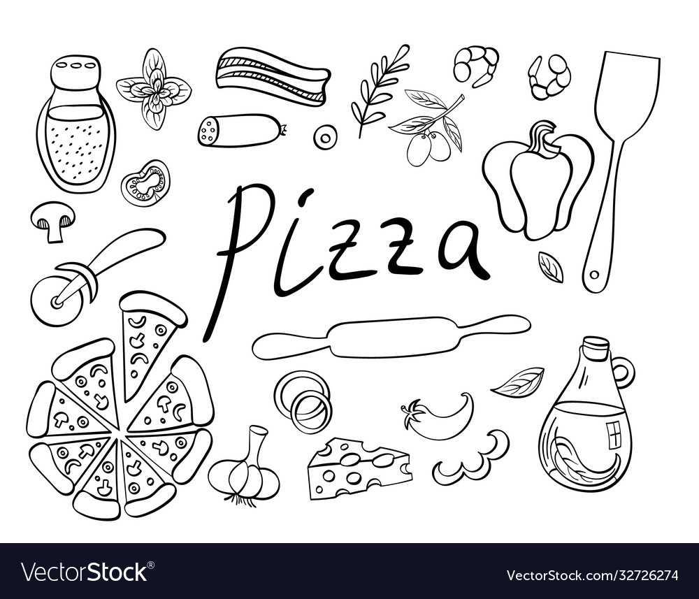 Pizza with ingredients and supplies hand drawn set vector image Pizza with ingredients and supplies hand drawn set