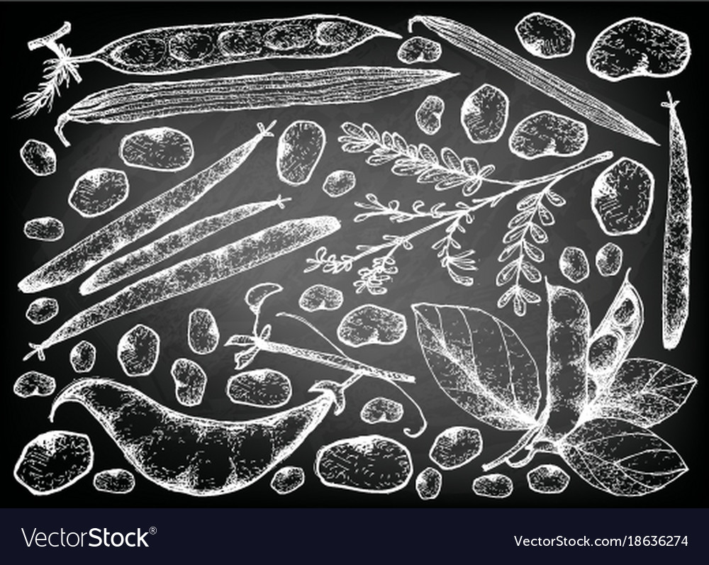 Podded vegetables on chalkboard