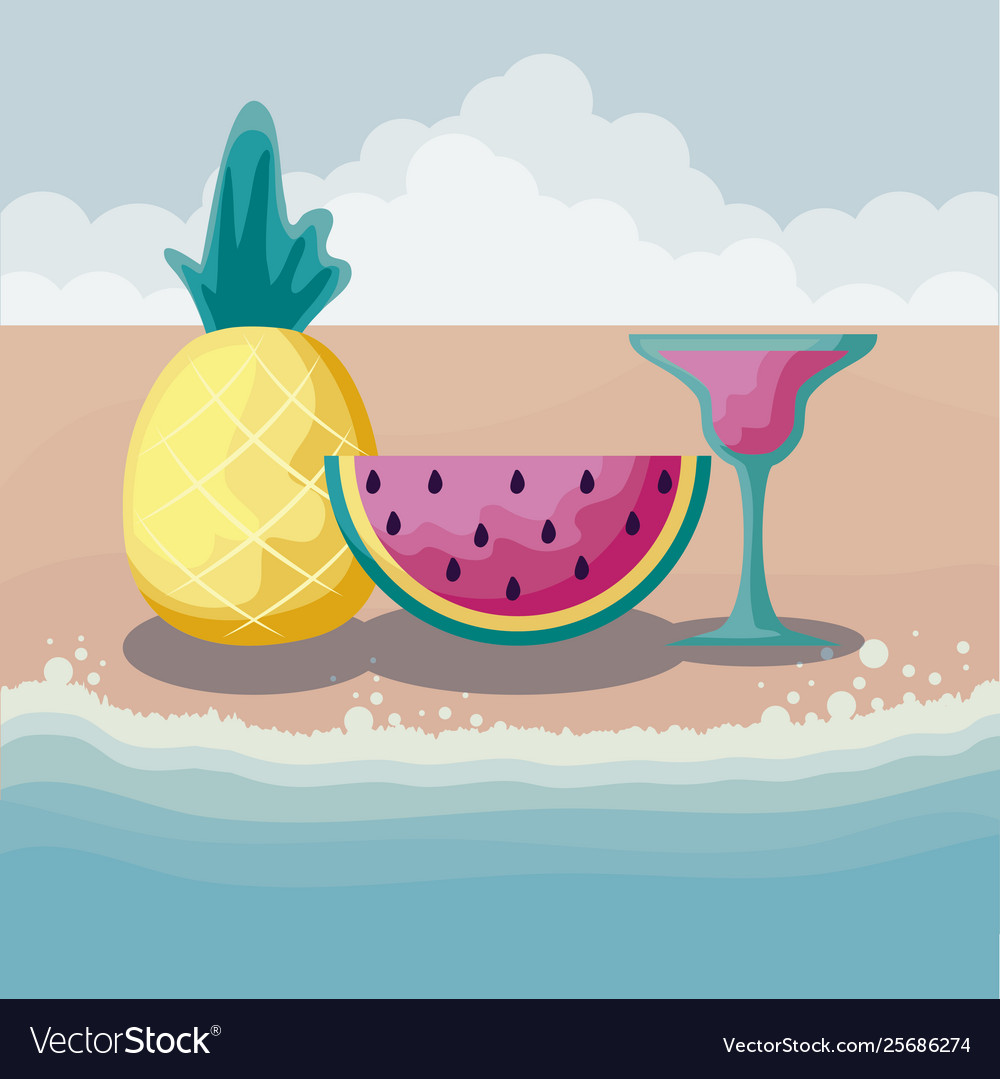 Summer beach with pineapple fruit and set icons