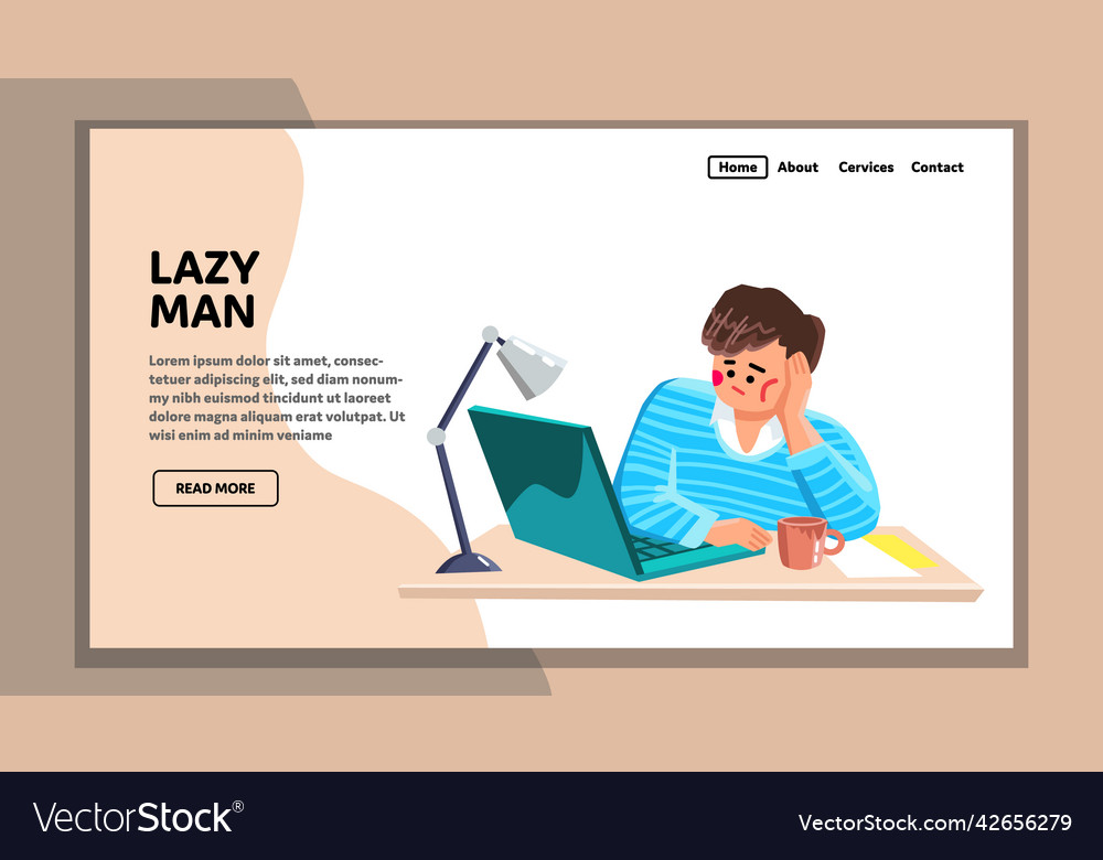 Lazy man working on laptop at workspace vector image Lazy man working on laptop at workspace