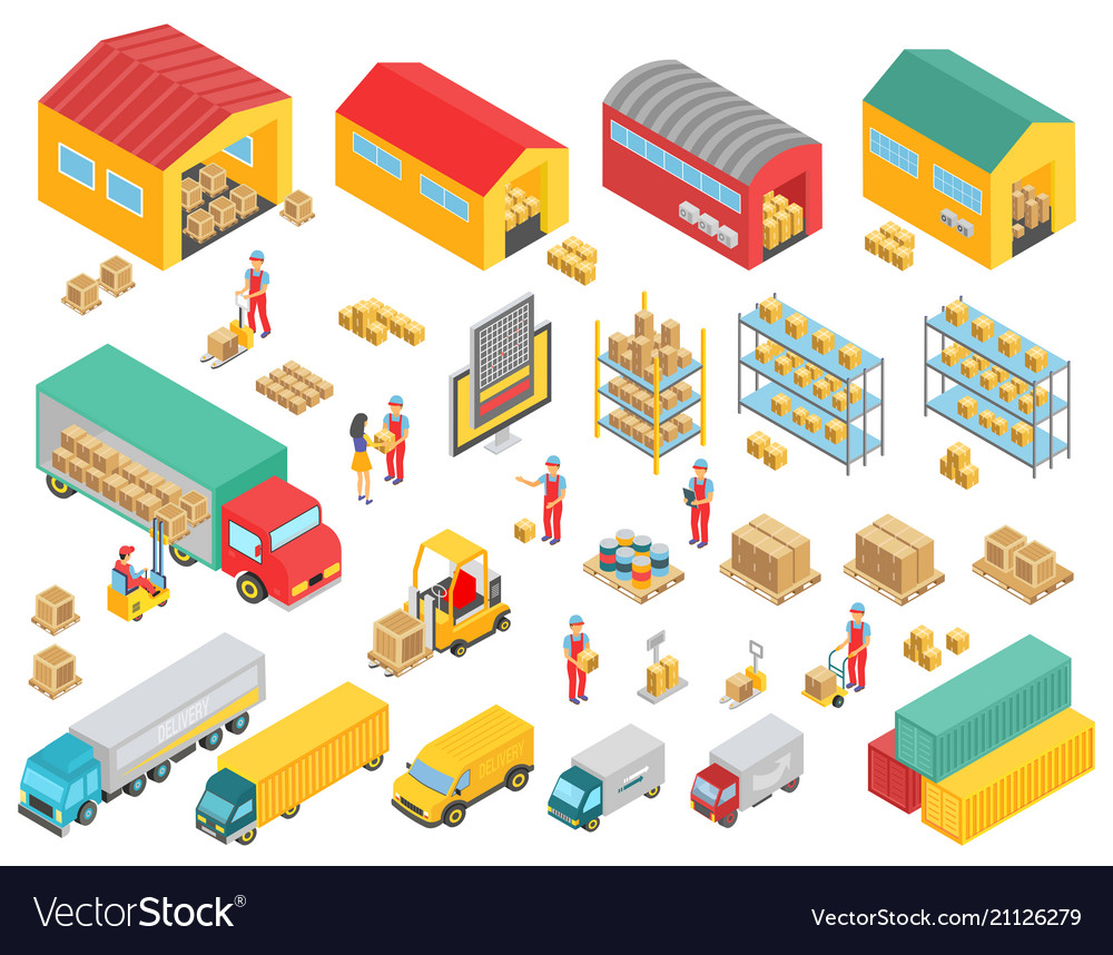 Logistics isometric icons set with cargo trucks Vector Image