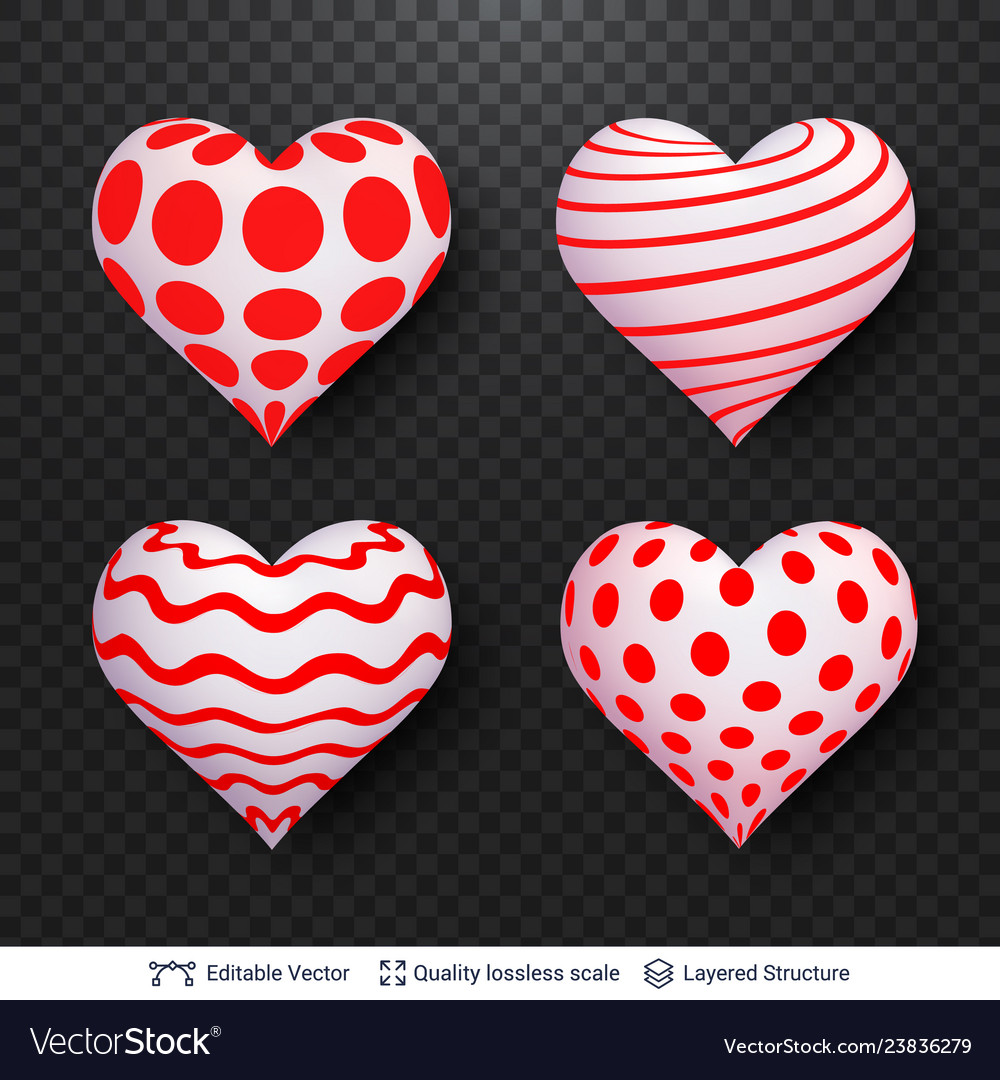 Set of 3d hearts with red and white patterns