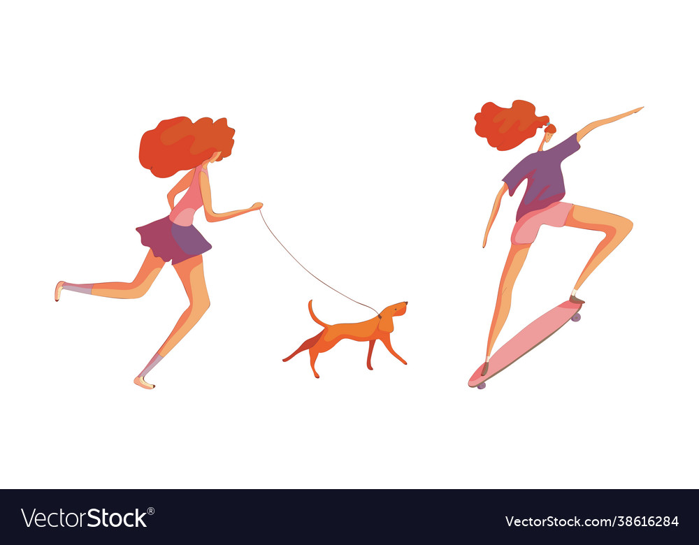 Energetic woman skateboarding and walking dog