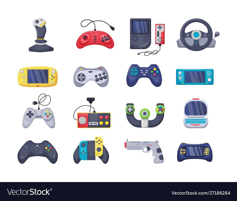 Game console objects set gamepad playing joystick Vector Image