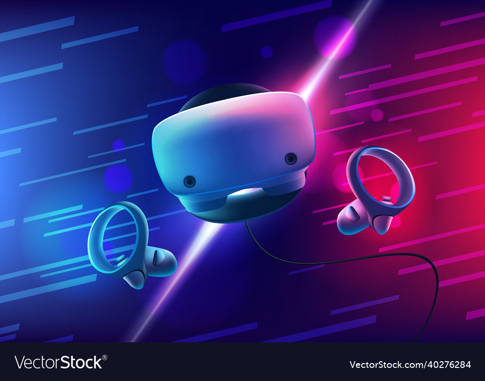 Neon virtual reality headset and controllers vector image Neon virtual reality headset and controllers