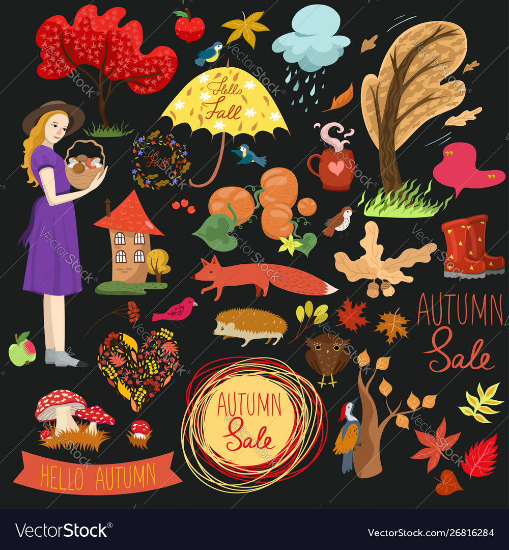 Set autumn elements and labels graphics