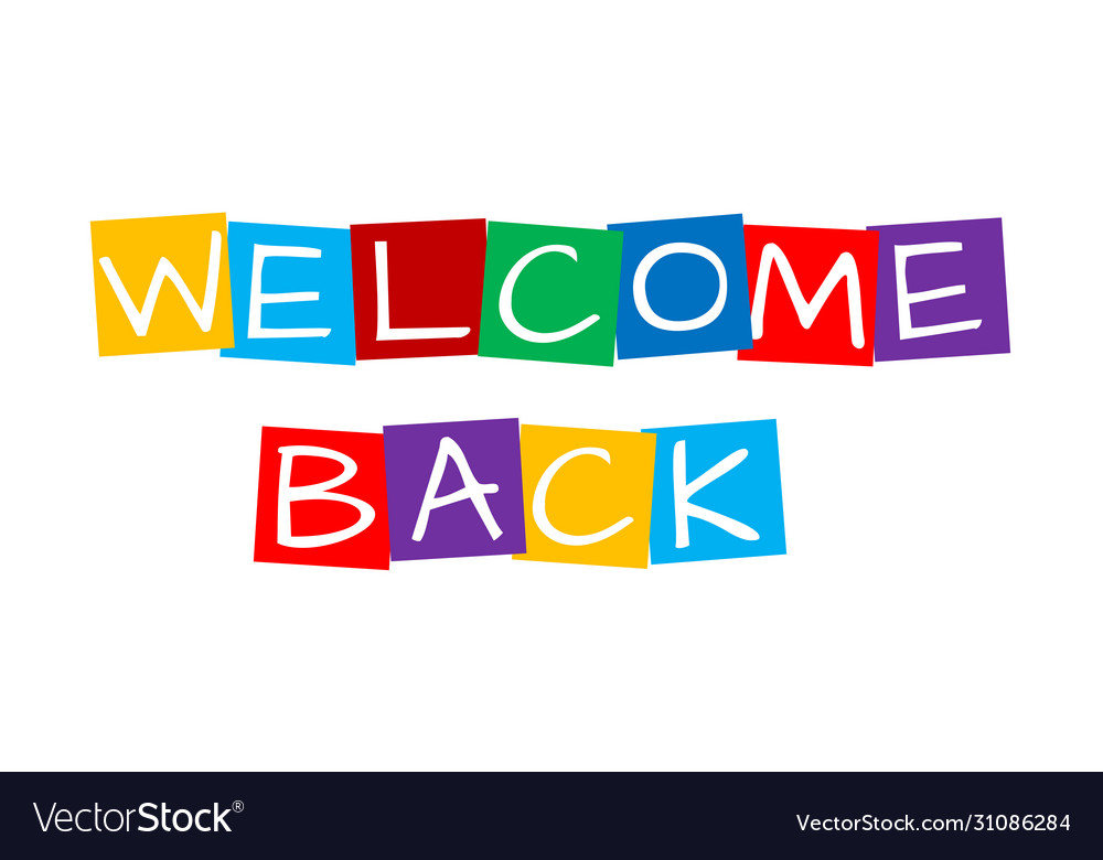 Welcome back text in colorful rotated squares