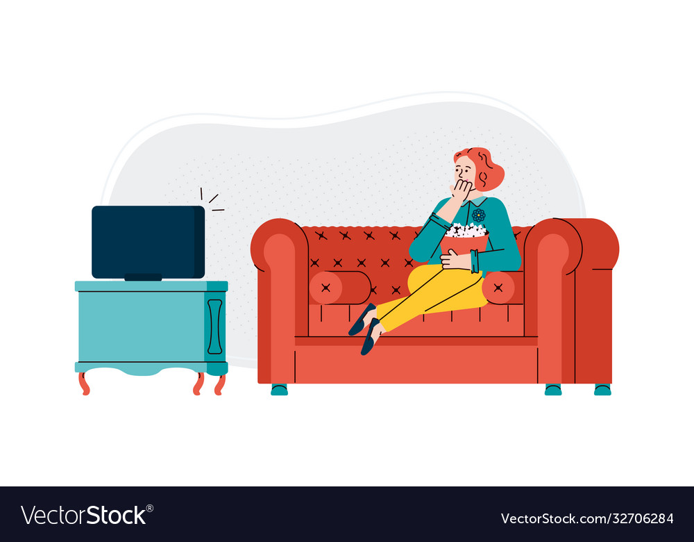 Woman watches tv and eats popcorn at home cartoon vector image Woman watches tv and eats popcorn at home cartoon