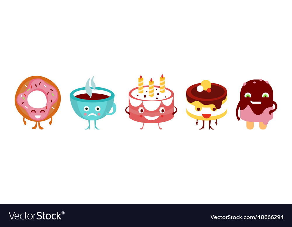 Cute food character with smiling faces set