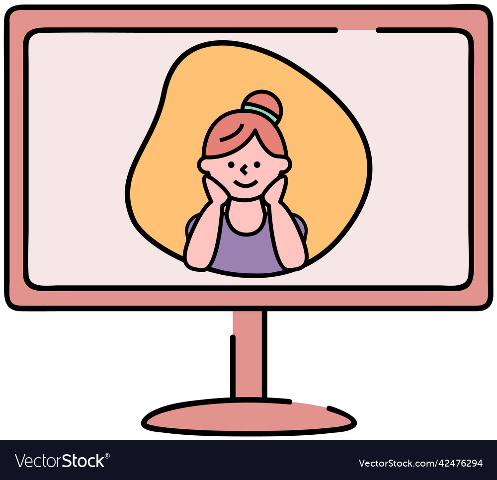 Mädchen während Video-Meeting auf Computer-Bildschirm vector image Mädchen während Video-Meeting auf Computer-Bildschirm