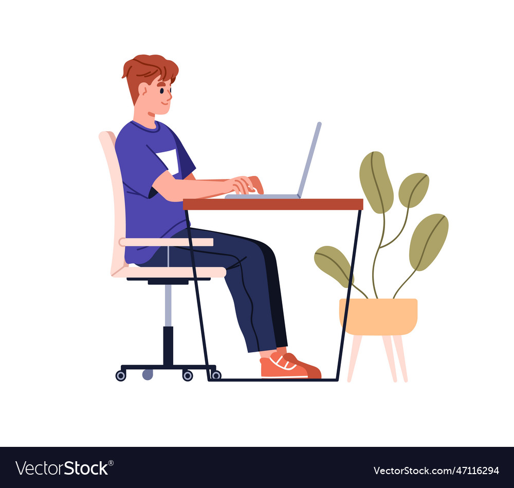 Man sitting in chair at laptop computer at desk Vector Image