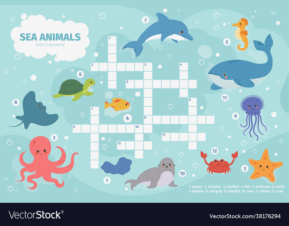 Sea animals crossword kids crossword puzzle game Vector Image Sea animals crossword kids crossword puzzle game Vector Image