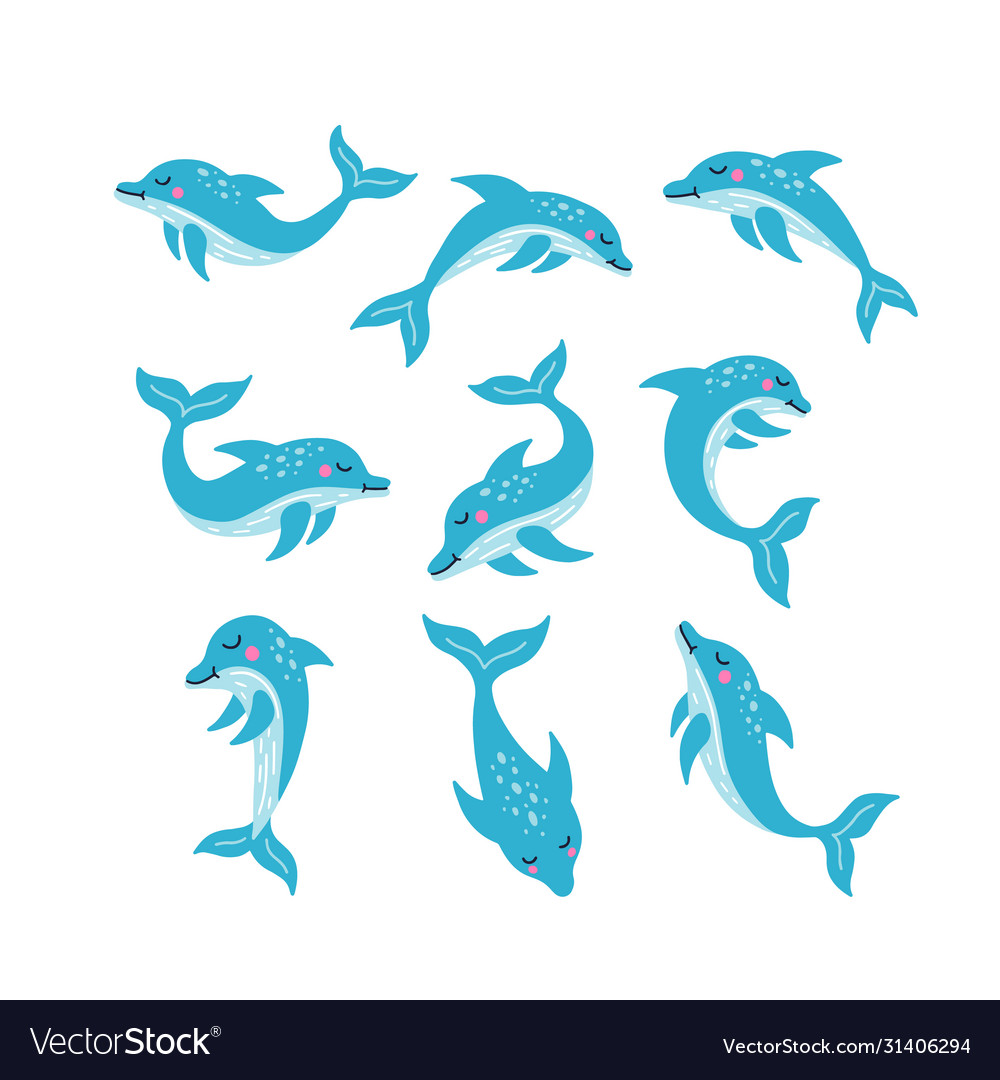 Set blue cute dolphin