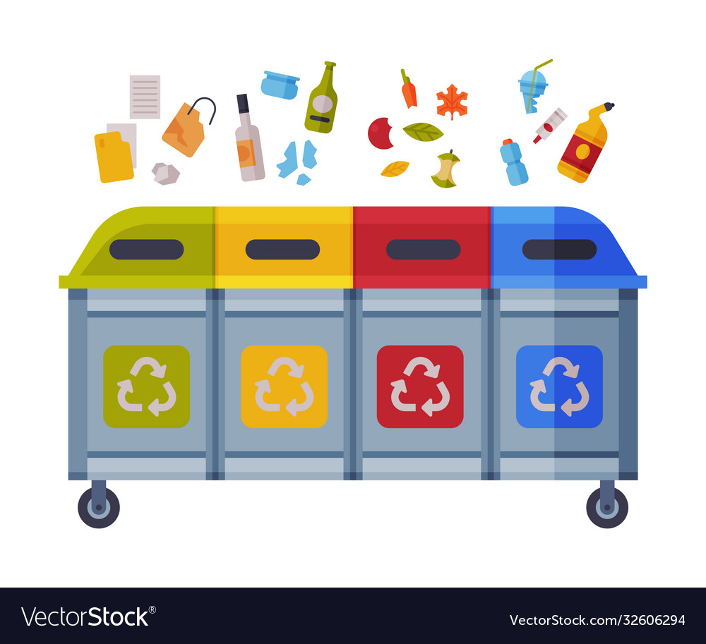 Waste sorting different trash bins with sorted vector image Waste sorting different trash bins with sorted