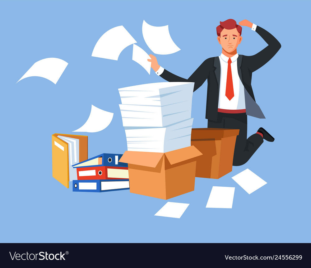 Business paperwork man in stress overload folders Vector Image