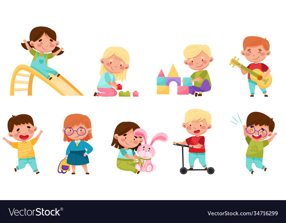 Cute little boys and girls playing toys having Vector Image