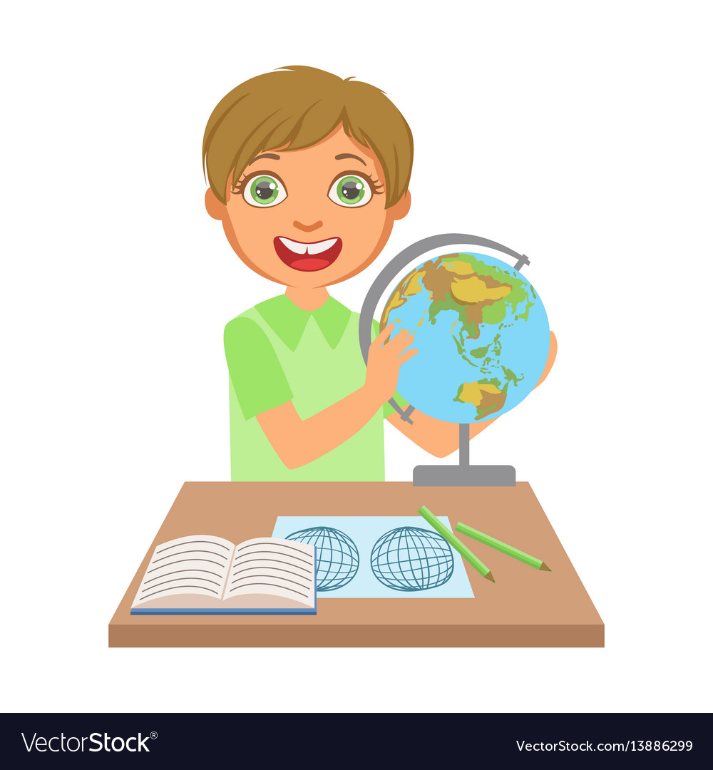 Little boy studying geography with globe on study Vector Image