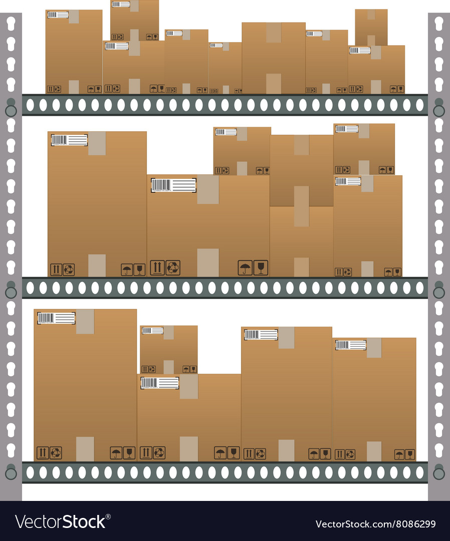 Metallic shelves with cartoon brown boxes