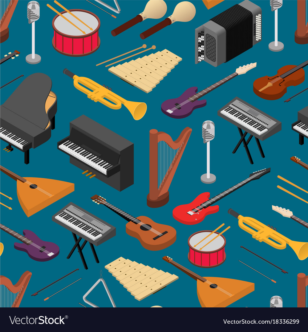 Music instruments background pattern isometric Vector Image