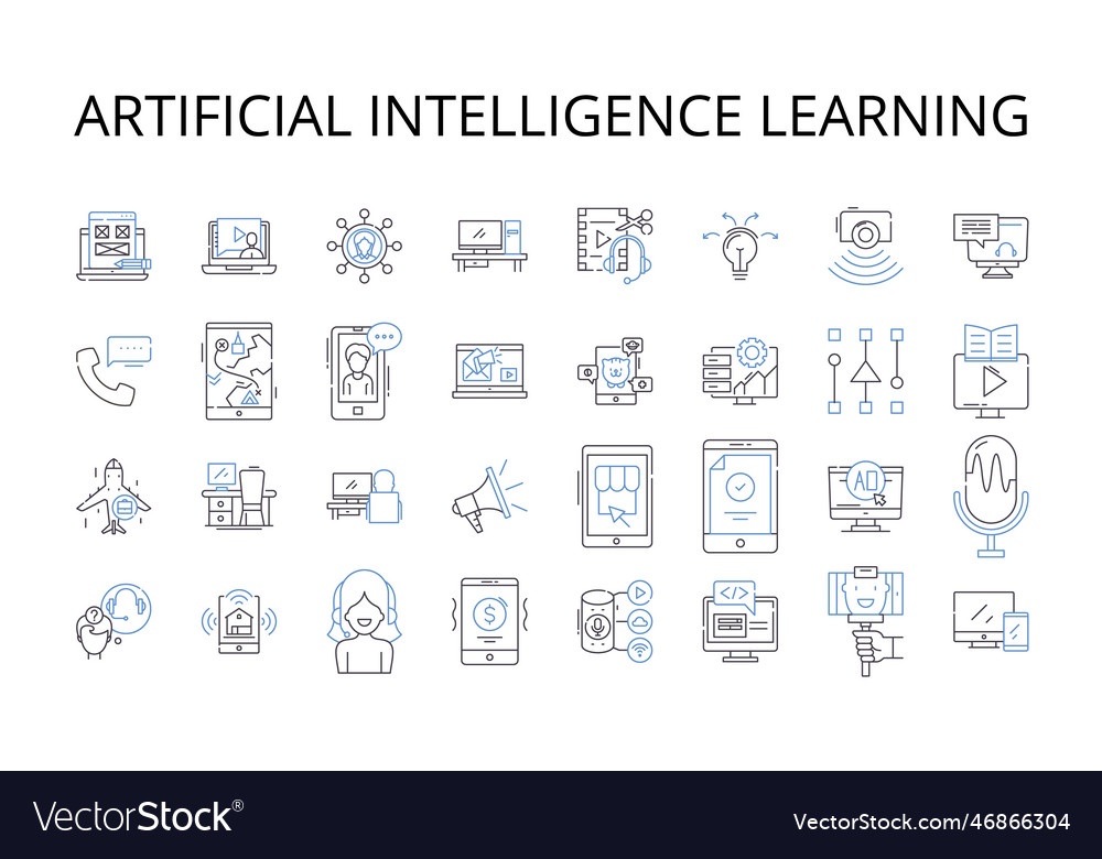 Artificial intelligence learning line icons vector image Artificial intelligence learning line icons