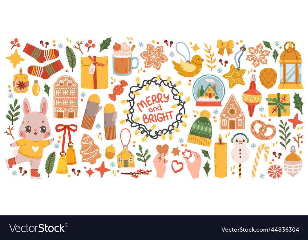 Christmas big set of elements with cookies houses vector image Christmas big set of elements with cookies houses