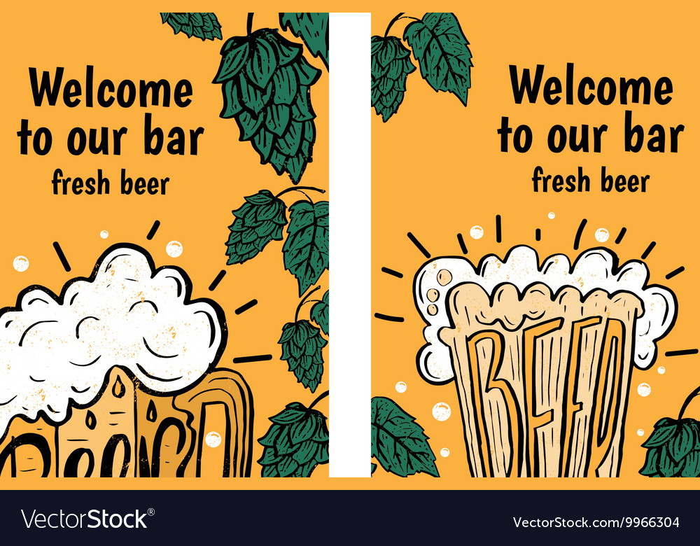 Hand drawn flyers with beer in glass mug text