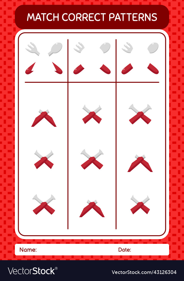 Match pattern game with spoon and fork worksheet vector image Match pattern game with spoon and fork worksheet