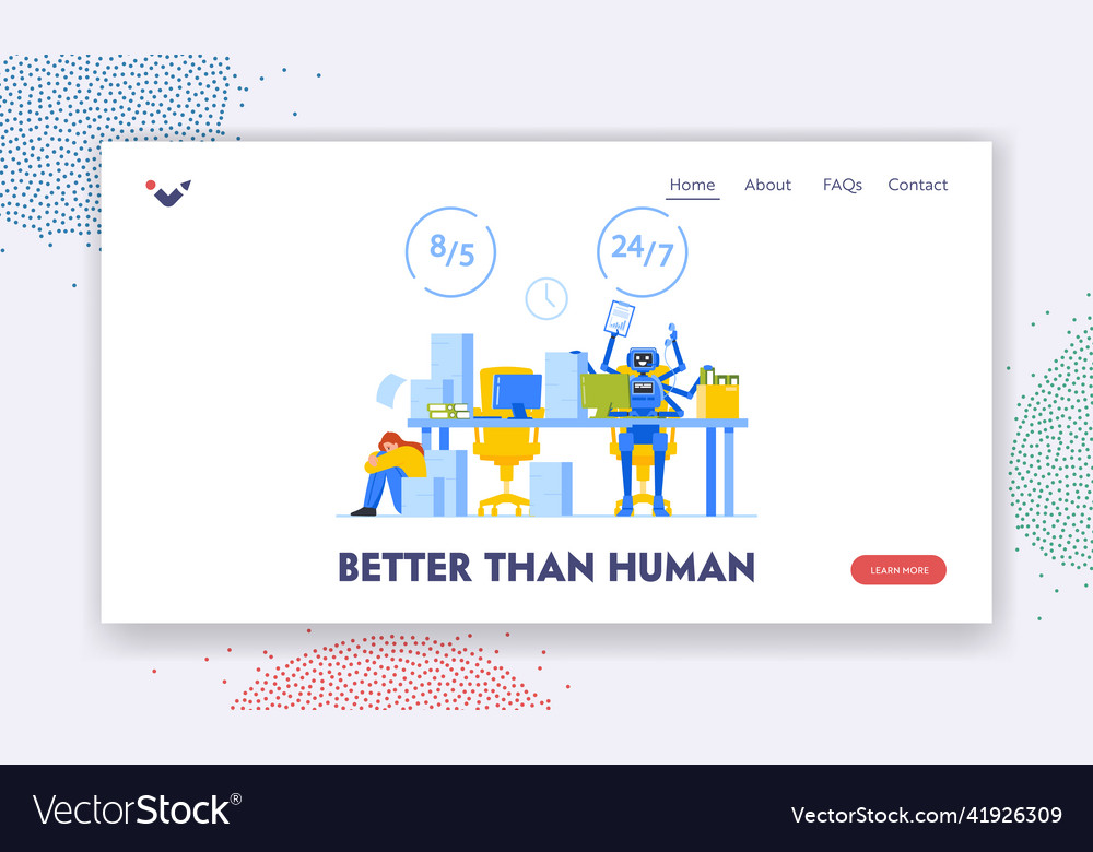 Robot multitasking landing page template vector image Robot multitasking landing page template