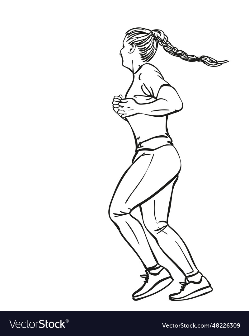 Sketch of running woman with pigtail hand drawn