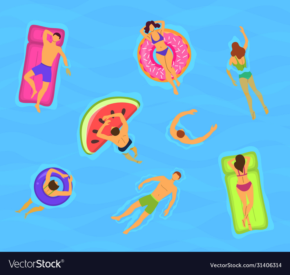 Cartoon color characters people swimming floating Vector Image