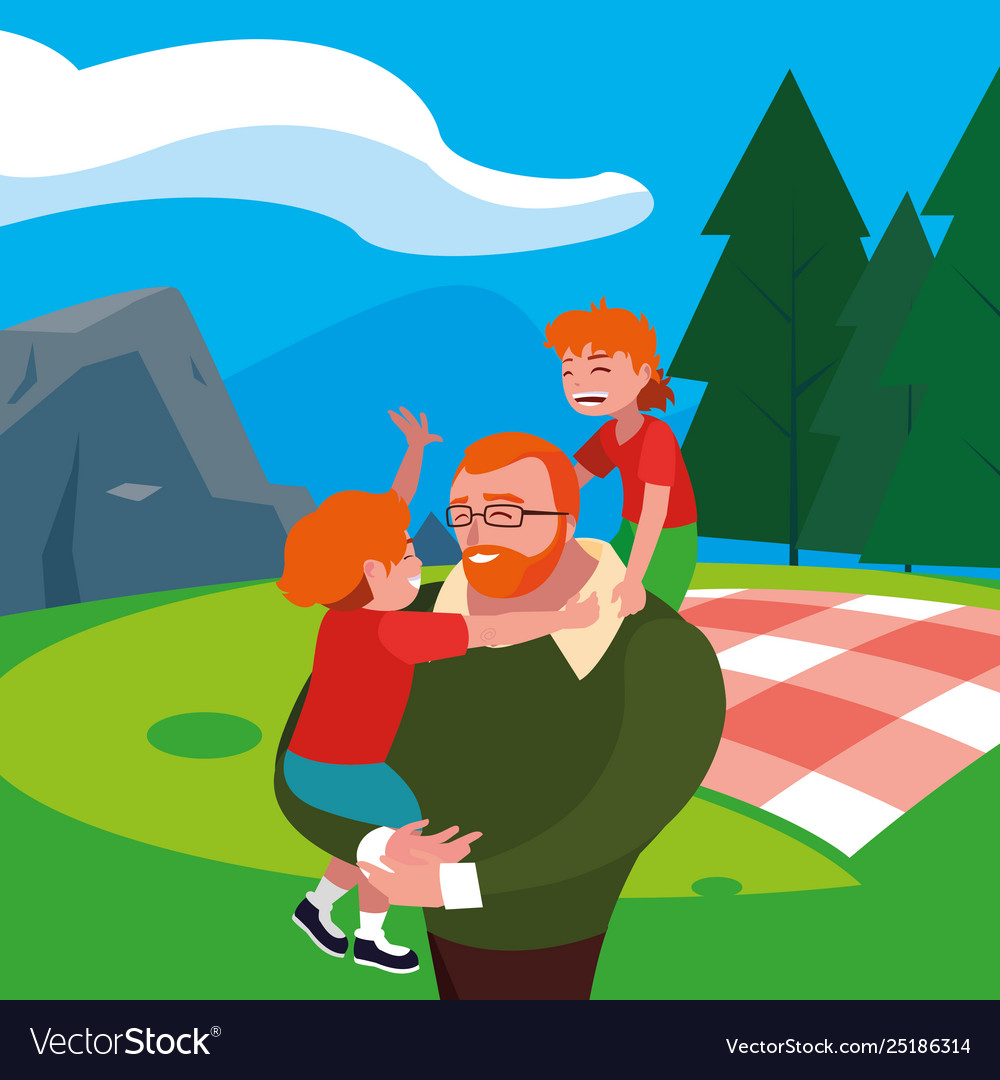 Father with sons characters in field picnic