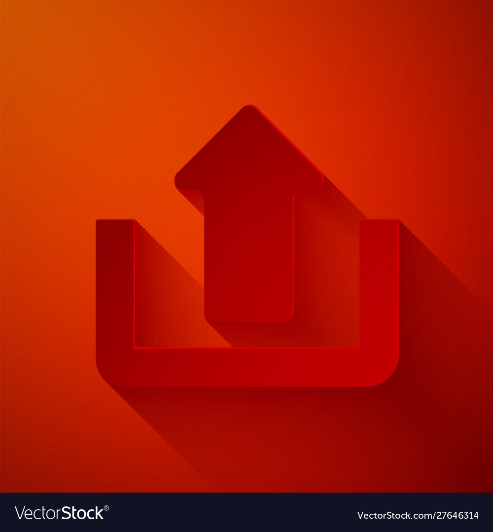 Paper cut upload icon isolated on red background vector image Paper cut upload icon isolated on red background
