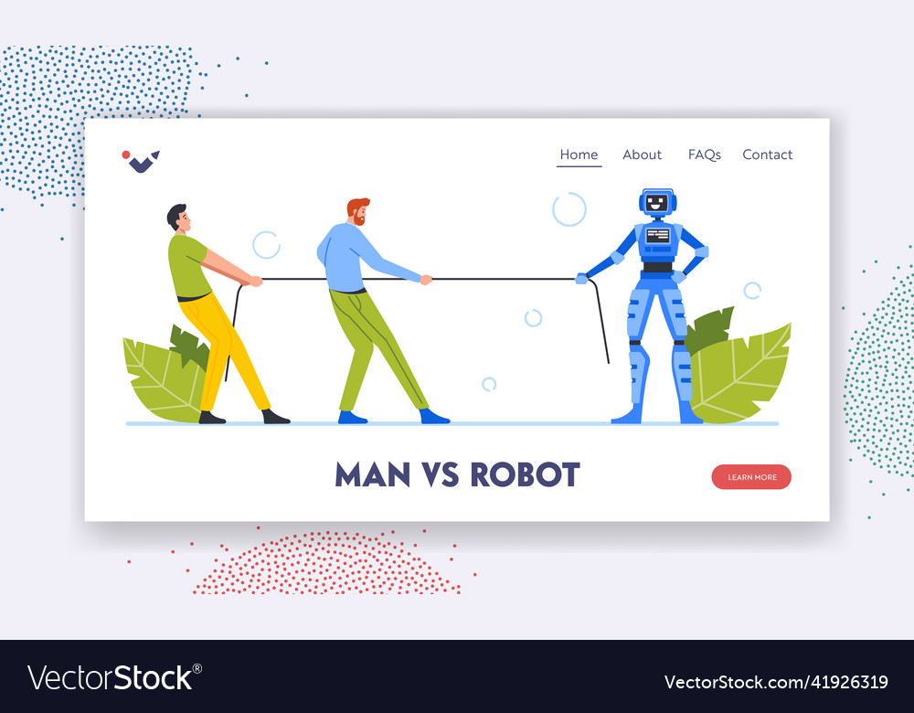 Man vs robot landing page template business vector image Man vs robot landing page template business