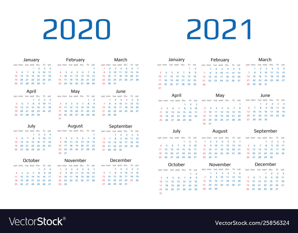 Calendar 2020 and 2021 template 12 months Vector Image