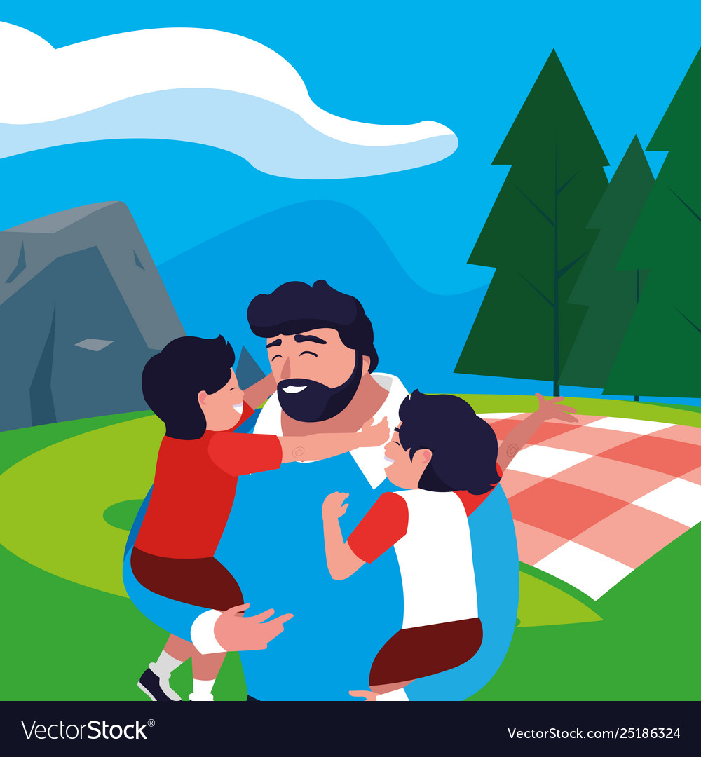 Father with sons characters in field picnic