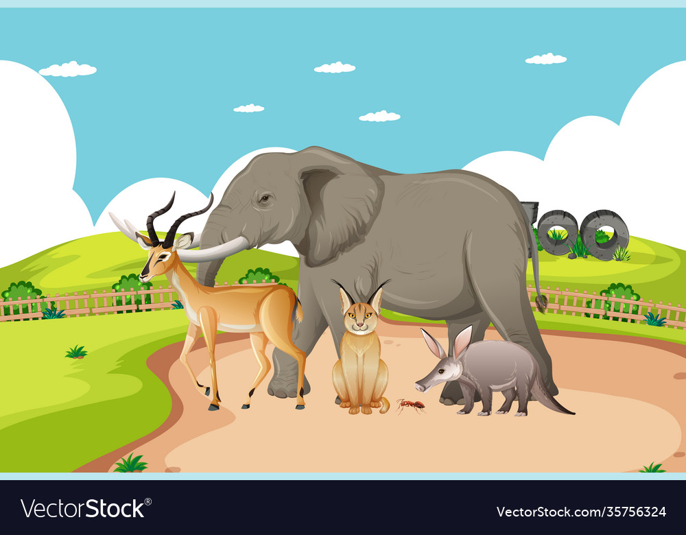 Group wild african animal in zoo scene